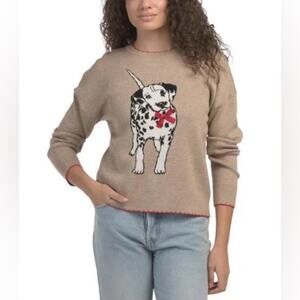 NEW NIKKA K Tan Stretch Sweater With Black White Dalmatian Dog Red Bow SZ 1X